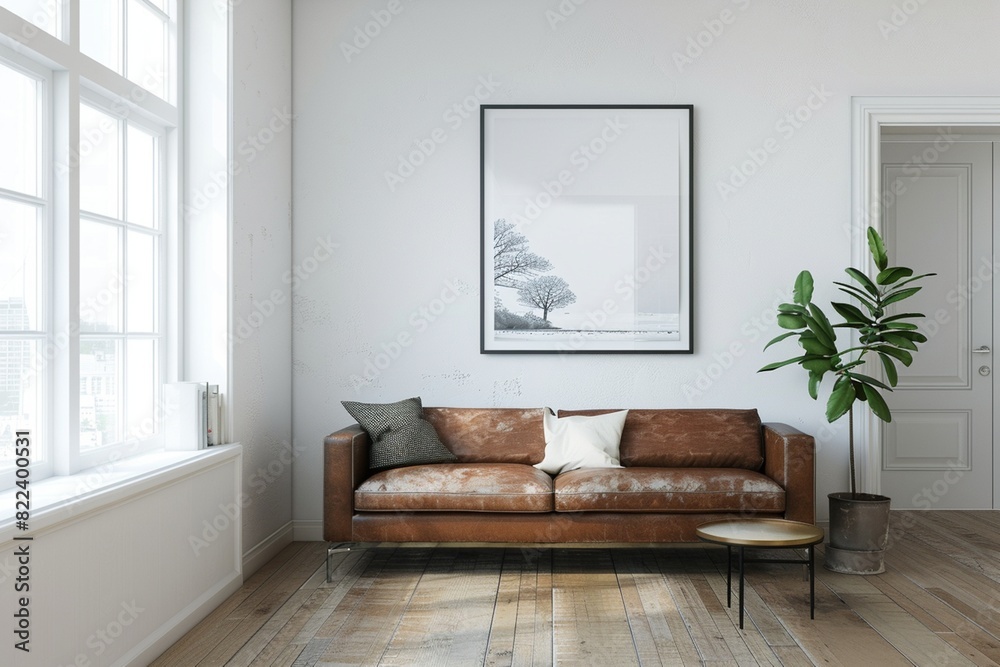 minimalist style home interior design of a modern living room, featuring a shabby leather sofa near a white wall with an art poster minimalist style home interior design of a modern living room, featuring a shabby leather sofa near a white wall with an art poster