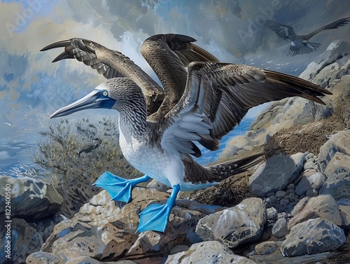 A bluefooted booby performing a courtship dance on a rocky shore, with its bright blue feet on display photo