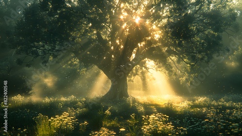 The Angel Oak tree illuminated by the soft light of dawn  with mist rising from the forest floor and creating a magical atmosphere. List of Art Media Photograph inspired by Spring magazine