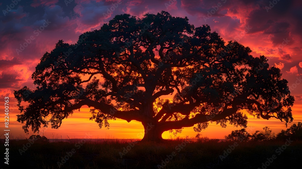 The Angel Oak tree at sunset, with vibrant hues of orange and pink painting the sky behind its silhouette, creating a breathtaking scene. List of Art Media Photograph inspired by Spring magazine