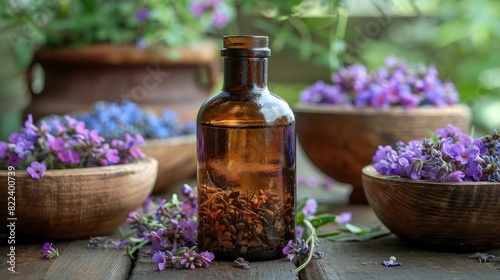 Bottle of dry herbs for making healing infusion or tincture. Bowls of medicinal plants and wooden mortar on background. 