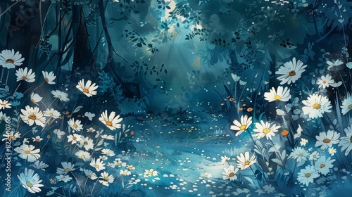 A cute watercolor of a daisy chain, intricately detailed, strewn across a magical, moonlit forest glade photo