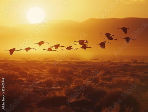 A flock of northern bald ibises flying over a desert landscape, their silhouettes standing out against the setting sun photo