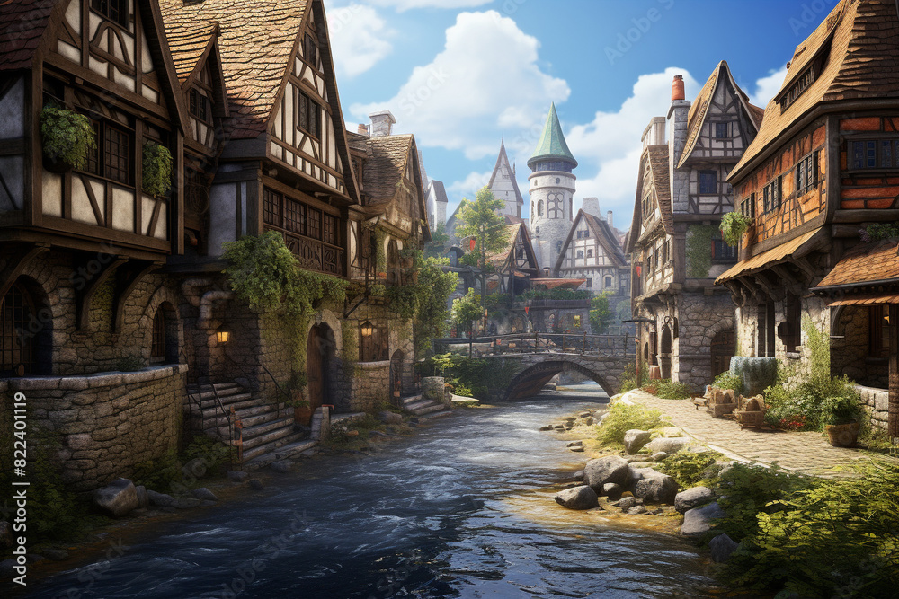 Fototapeta premium Picturesque quarter, street of the European city of the 19th century with stone houses. AI generated.