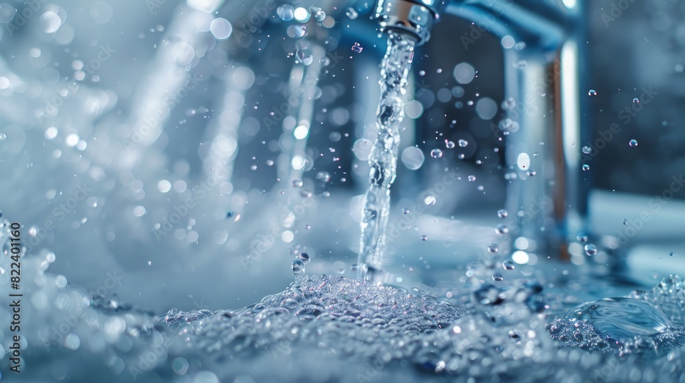 A detailed view of a faucet with water flowing out of it. A detailed view of a faucet with water flowing out of it.