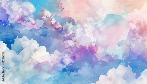 A cute watercolor of hydrangeas, reimagined as fluffy, colorful clouds floating in a sky of surreal, pastel shades photo