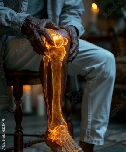 Full shot of patient focus on his painful knee joint highlighted, damaged wrist, bright painful spots on wrist joint, doctor's office background, light and cool colors, surreal，Pain Relief and Diagnos