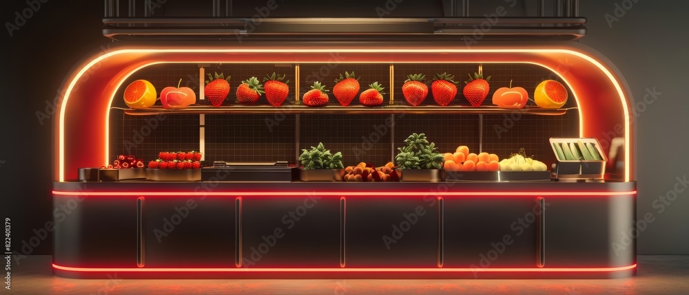 Obraz premium A fantastic 3D model of a futuristic fruit market with glowing neon signs for strawberry, berry, and orange, model isolated on solid background