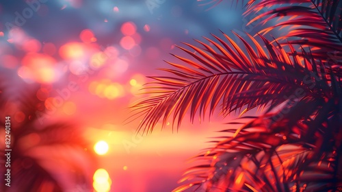 Close-up of palm fronds against a vibrant sunset sky, with hues of orange and pink creating a stunning backdrop. List of Art Media Photograph inspired by Spring magazine