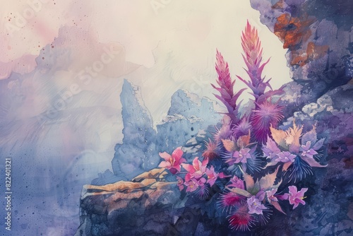 A cute watercolor of orchid cacti, vibrant and mysterious, perched precariously on the steep cliffs of a distant, foggy shore © Sweettymojidesign