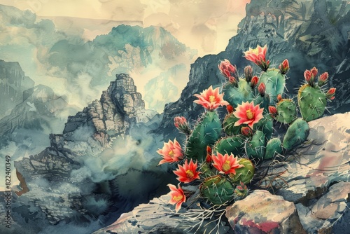A cute watercolor of orchid cacti, vibrant and mysterious, perched precariously on the steep cliffs of a distant, foggy shore photo