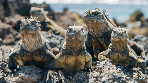 A group of iguanas basking in the sun on the Galapagos Islands, with rocky terrain around photo