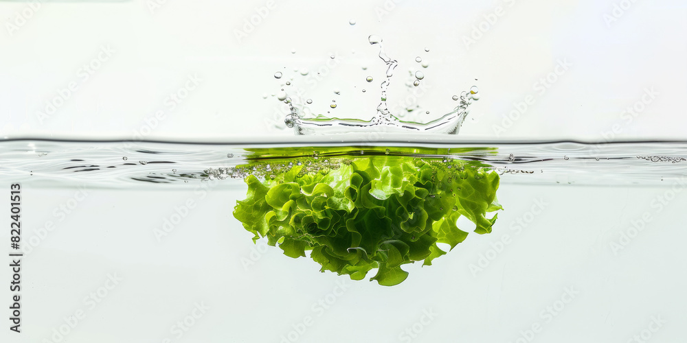 Lettuce salad falling into the water with splashes flying to the sides on a white background. Lettuce salad falling into the water with splashes flying to the sides on a white background.