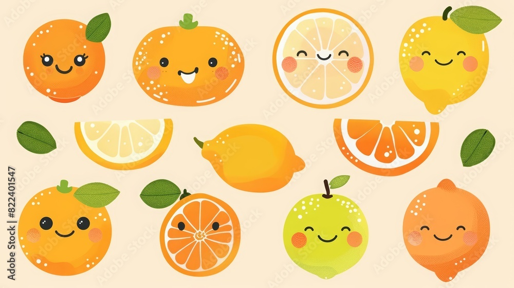 A kawaii collection of citrus fruits featuring cute orange and lemon designs, ideal for summerthemed decorations, model isolated on solid color background A kawaii collection of citrus fruits featuring cute orange and lemon designs, ideal for summerthemed decorations, model isolated on solid color background