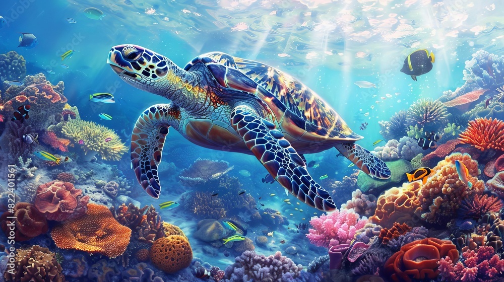 Fototapeta premium A hawksbill turtle swimming gracefully over a coral reef, with vibrant corals and tropical fish in the background