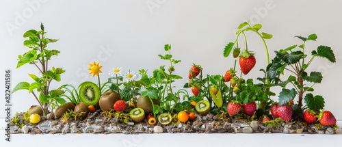 A kawaii style miniature garden where tiny strawberries, berries, and kiwis grow under a miniature sun, model isolated white background