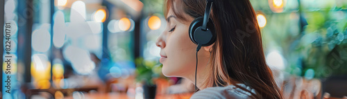 Close-up of a young woman listening to her vibe on the headphones. She has her eyes closed and is smiling.