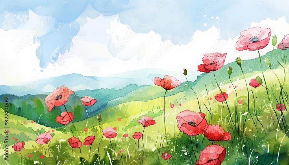 Fototapeta premium A kawaii watercolor of poppies, playful and free, scattered across the rolling hills of a fantasy, sunsoaked meadow