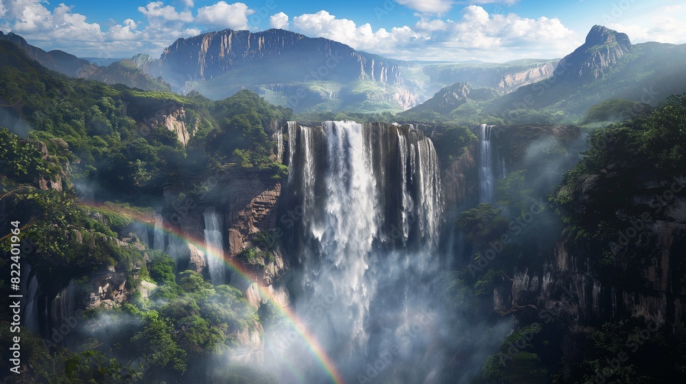 A majestic waterfall cascading down rugged cliffs, surrounded by lush ...