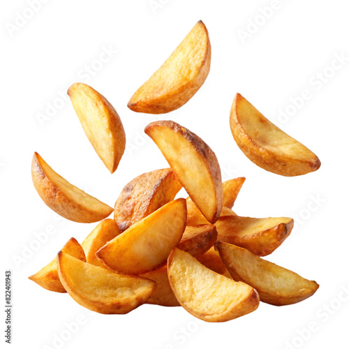 Falling fried potato wedges Isolated on white background