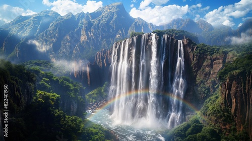 A majestic waterfall cascading down rugged cliffs  surrounded by lush greenery and misty rainbows  against a backdrop of towering mountains and endless blue sky. 32k  full ultra HD  high resolution