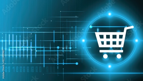 A graphic representation of a shopping cart, symbolizing ecommerce and business, placed against a dark backdrop with an area designated for text. photo
