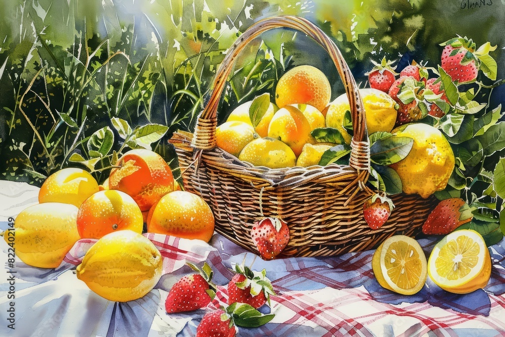 A painting of a serene picnic scene with a basket filled with lemons, oranges, and strawberries, model isolated white background A painting of a serene picnic scene with a basket filled with lemons, oranges, and strawberries, model isolated white background