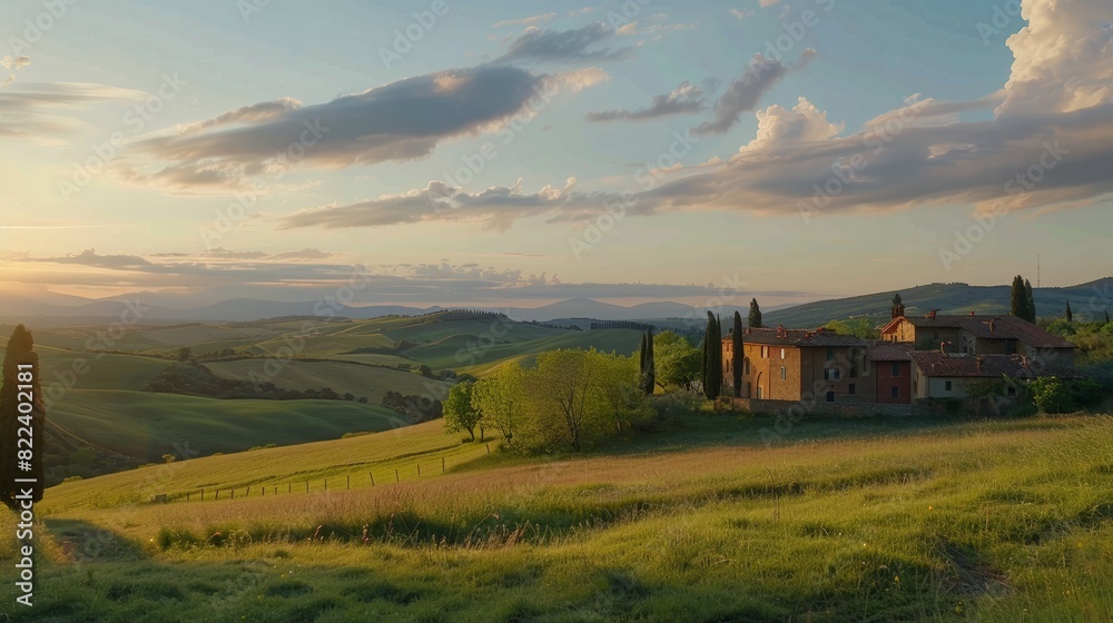Fototapeta premium Tuscany landscape at sunrise with farm house and hills, Italy, timelapse. Vertical video