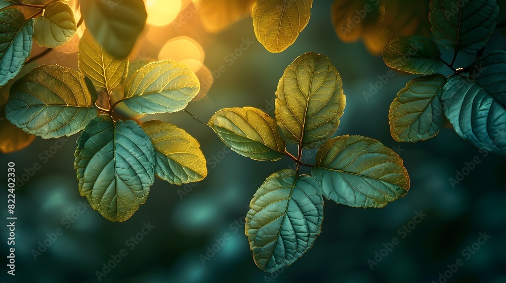 Close-up of vibrant green leaves on a tree branch, with intricate patterns and textures illuminated by the soft light of dawn. List of Art Media Photograph inspired by Spring magazine