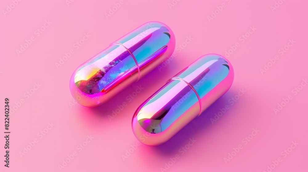 Two iridescent pills on pink background, magic pill concept Two iridescent pills on pink background, magic pill concept