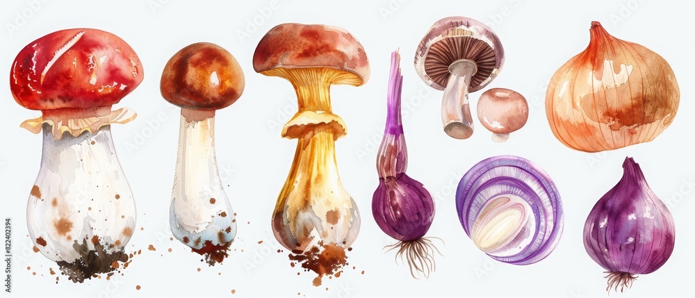 A set of watercolor representations of mushrooms and onions, bursting with earthy aromas, Clipart isolated concept minimal with white background A set of watercolor representations of mushrooms and onions, bursting with earthy aromas, Clipart isolated concept minimal with white background