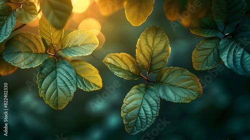 Close-up of vibrant green leaves on a tree branch  with intricate patterns and textures illuminated by the soft light of dawn. List of Art Media Photograph inspired by Spring magazine