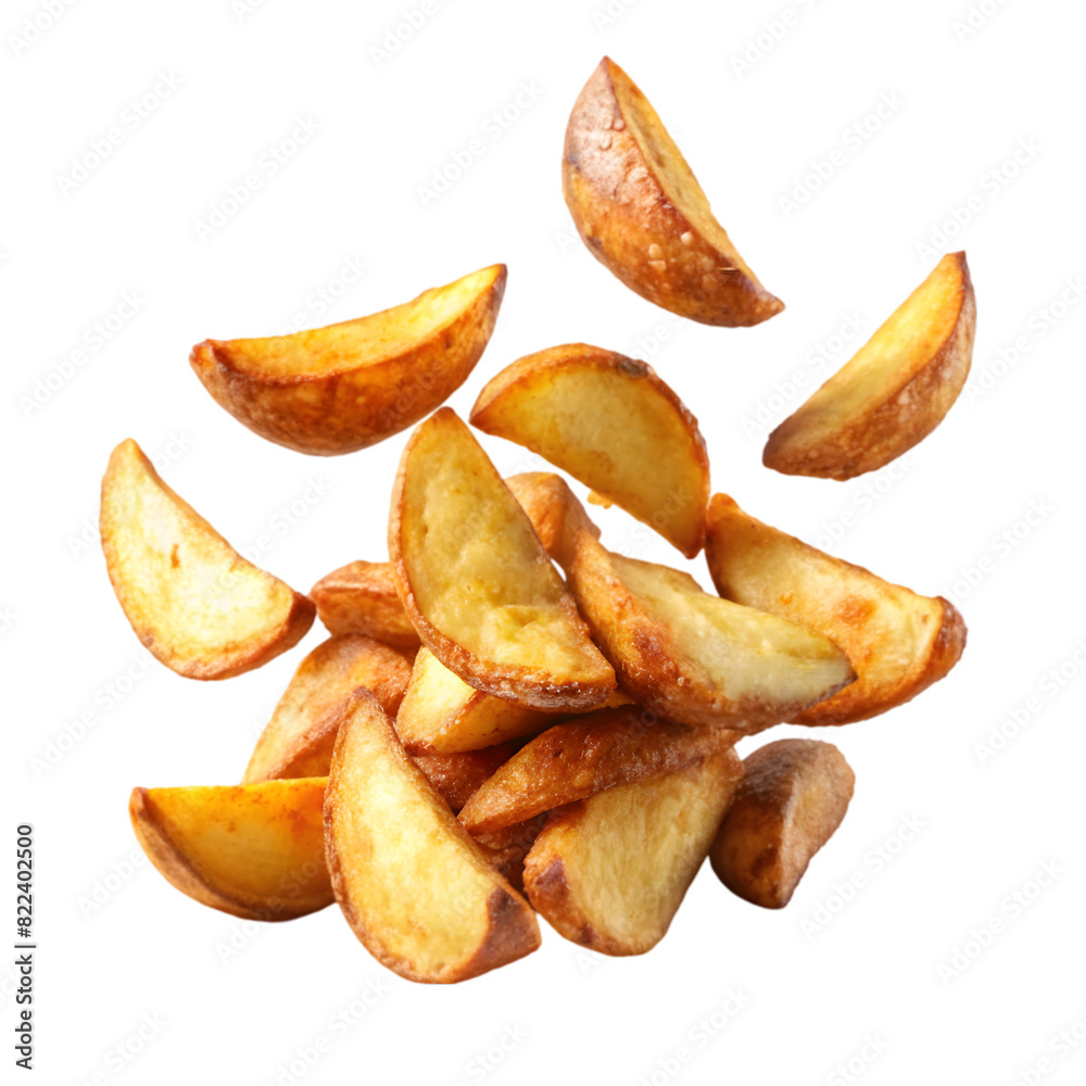 Falling fried potato wedges Isolated on white background Falling fried potato wedges Isolated on white background