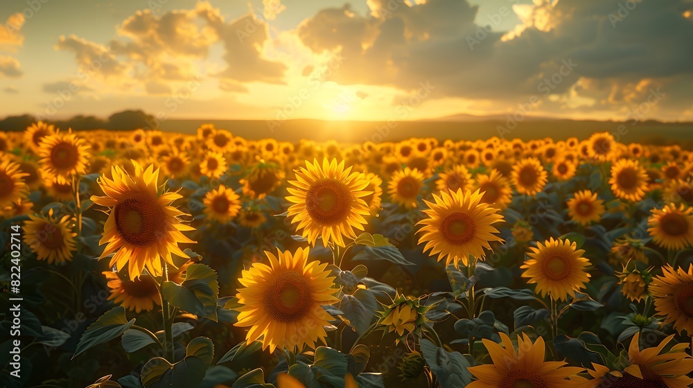 A sunflower farm at golden hour, with the low sun casting a warm glow over the field and creating a picturesque scene. List of Art Media Photograph inspired by Spring magazine
