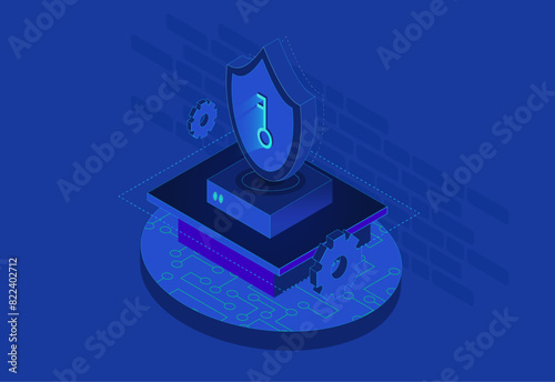 Isometric Shield with Key, Cogs, and Database Platforms Illustration