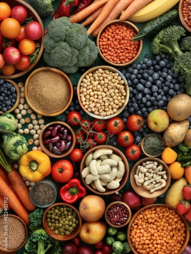 Vegan diet food. Selection of rich fiber sources vegan food. Foods high in plant based protein, vitamins, minerals, anthocyanins, antioxidants. Image with copy space