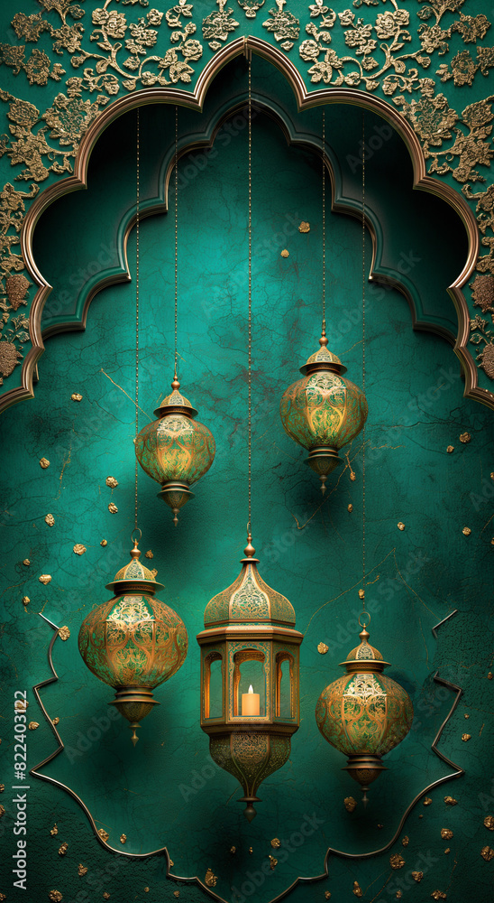 Obraz premium Decoration of Nakheel with lanterns on green background of a green background, in the style of delicate gold detailing