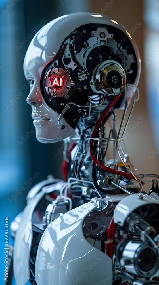 Fototapeta premium Photo of a heartshaped robot prototype with AI emblem integrated into its design, symbolizing AIdriven advancements in emotional robotics