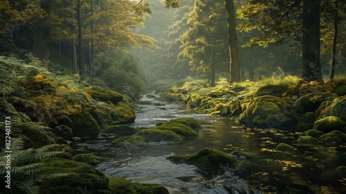 A peaceful riverside scene, with a meandering stream winding through lush forest foliage and moss-covered rocks, under the soft glow of early morning light filtering through the canopy above.  © Aain