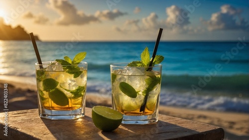 Two glasses of mojito drink with ice, at the beach