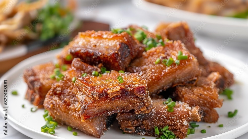 Fototapeta premium Photo of crispy fried pork belly chunks served on a white plate