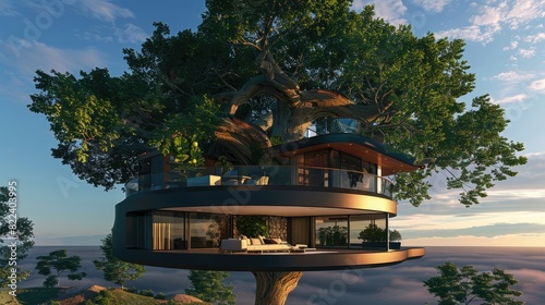 3d rendering of tree house with living room interior design inside the crown of green oak tree on sky background. Concept for eco friendly home, futuristic lifestyle and real estate business