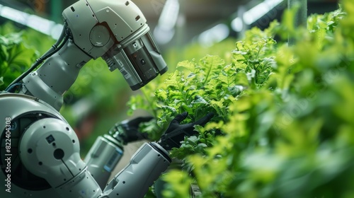 Close-up of robotic arms managing plants, emphasizing the clarity and focus on modern, autonomous greenhouse farming. Generative AI.