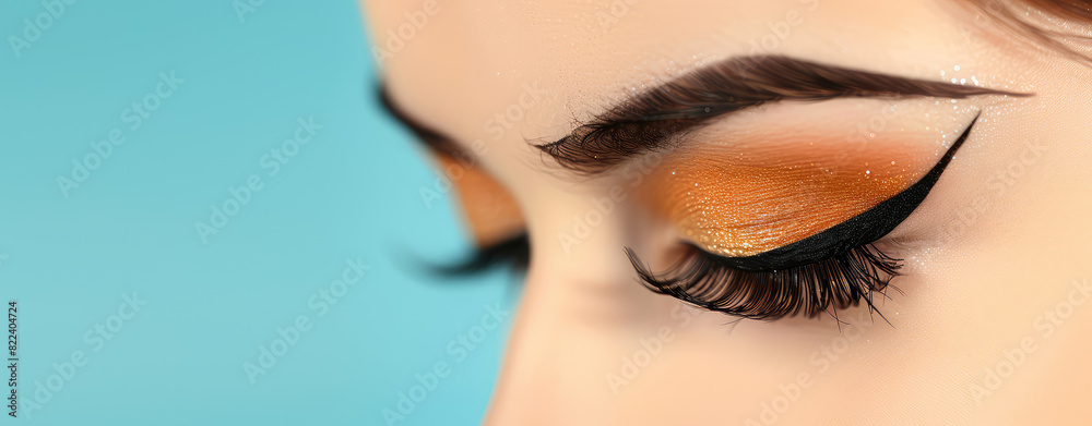 Fototapeta premium Makeup aesthetic, perfect black eye liner, false eyelashes, straight arrows on the eyelids, minimalist make-up on colored background