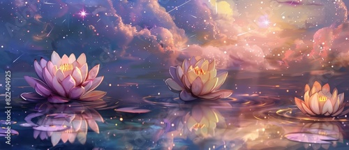 A watercolor of lotus flowers, serene and enlightened, floating on a mirrorlike lake beneath a sky full of shooting stars photo