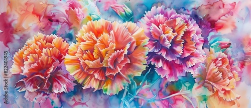 A watercolor of carnations, bold and expressive, blooming fiercely in the heart of a bustling, colorful circus