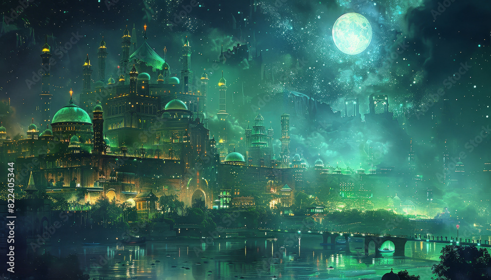 A large green building with a dome on top is reflected in the water by AI generated image A large green building with a dome on top is reflected in the water by AI generated image