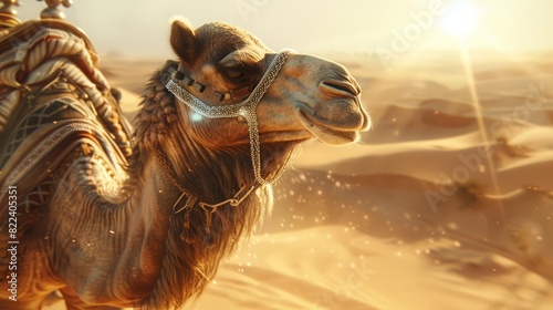 Amazing closeup charismatic of a camel in a desert explorers outfit