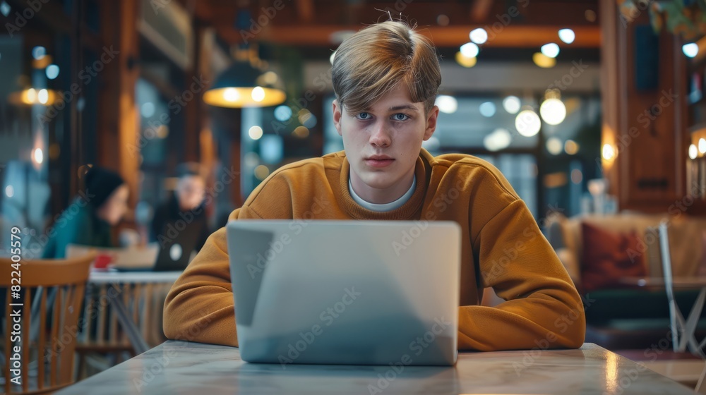 Young man working on laptop, boy freelancer or student with computer in cafe at table looking in camera. Model by AI generative Young man working on laptop, boy freelancer or student with computer in cafe at table looking in camera. Model by AI generative