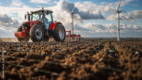 Tractor plowing a field with wind turbines in the background on a partly cloudy day.